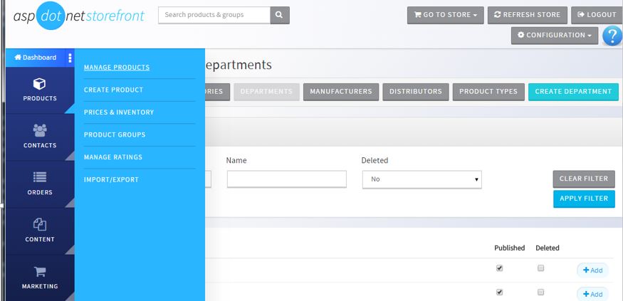 Navigate to the manage departments screen.